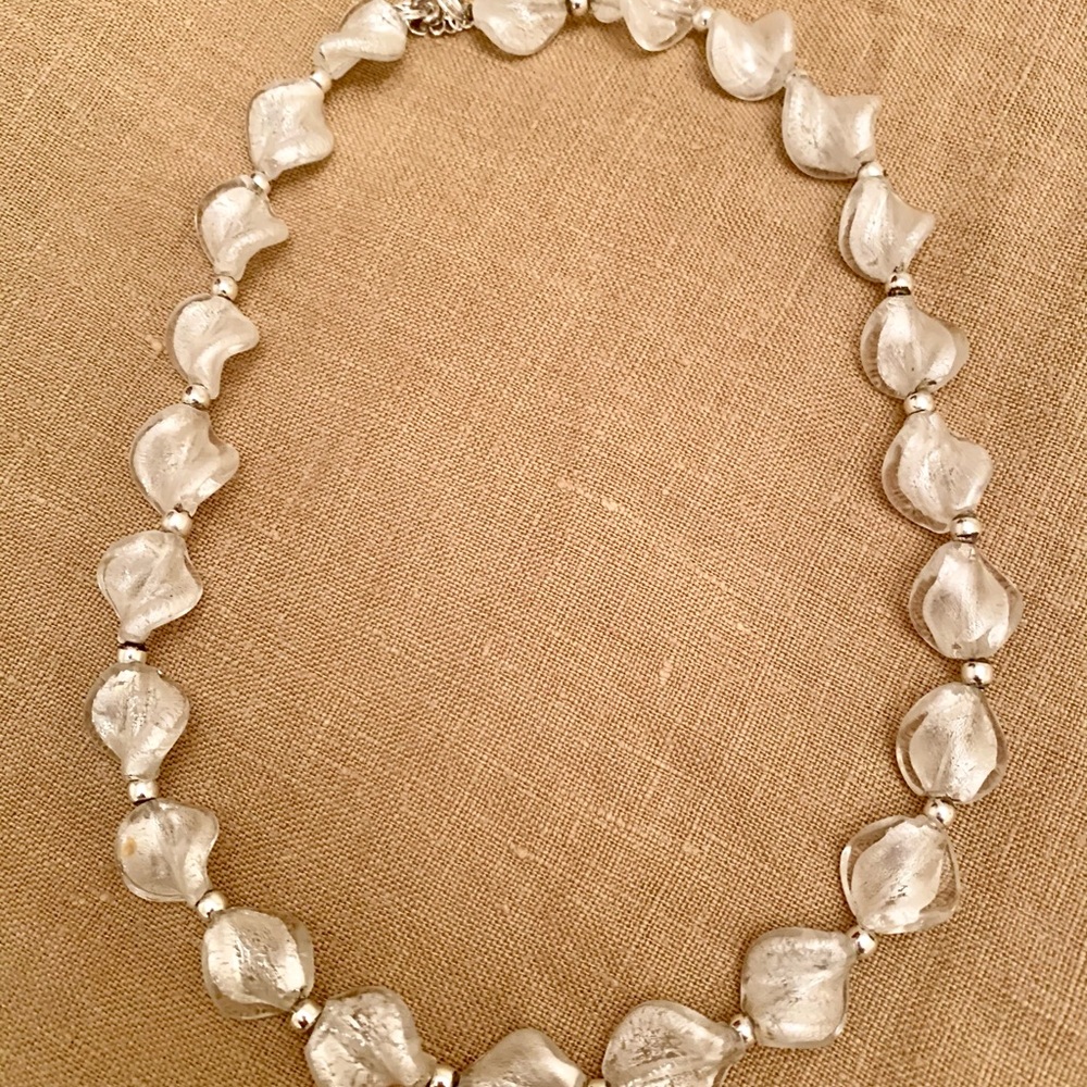 White and silver necklace. Pearlized look.